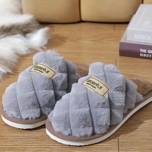 Women's Slip-ons Plush Grey Slippers- Cozy Soft House Shoes